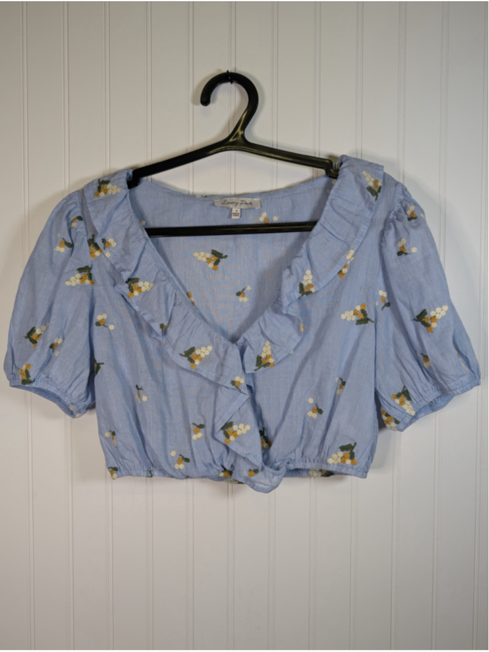 Emory Park Floral Embroidered Crop Top Blue White Striped Cottagecore Coquette S